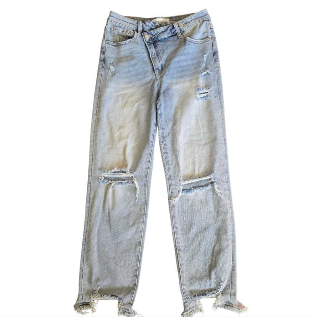 Risen Cross Over Light Wash Distressed Women's Denim Jeans High Rise 28